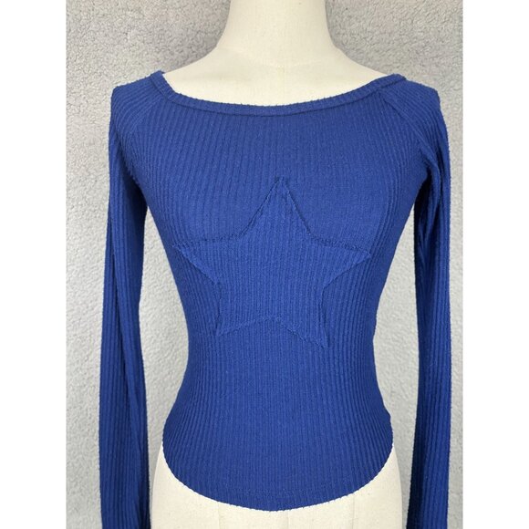 Just Polly Juniors' Cozy Star Patch  Knit Ribbed Blue  Long Sleeve Top Small NWT - Picture 2 of 8